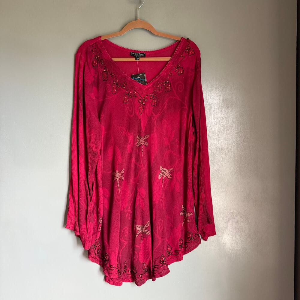 GREATER GOOD Women's 1-2X NWT Red Cranberry Beaded Flowy Festival Blouse Boho